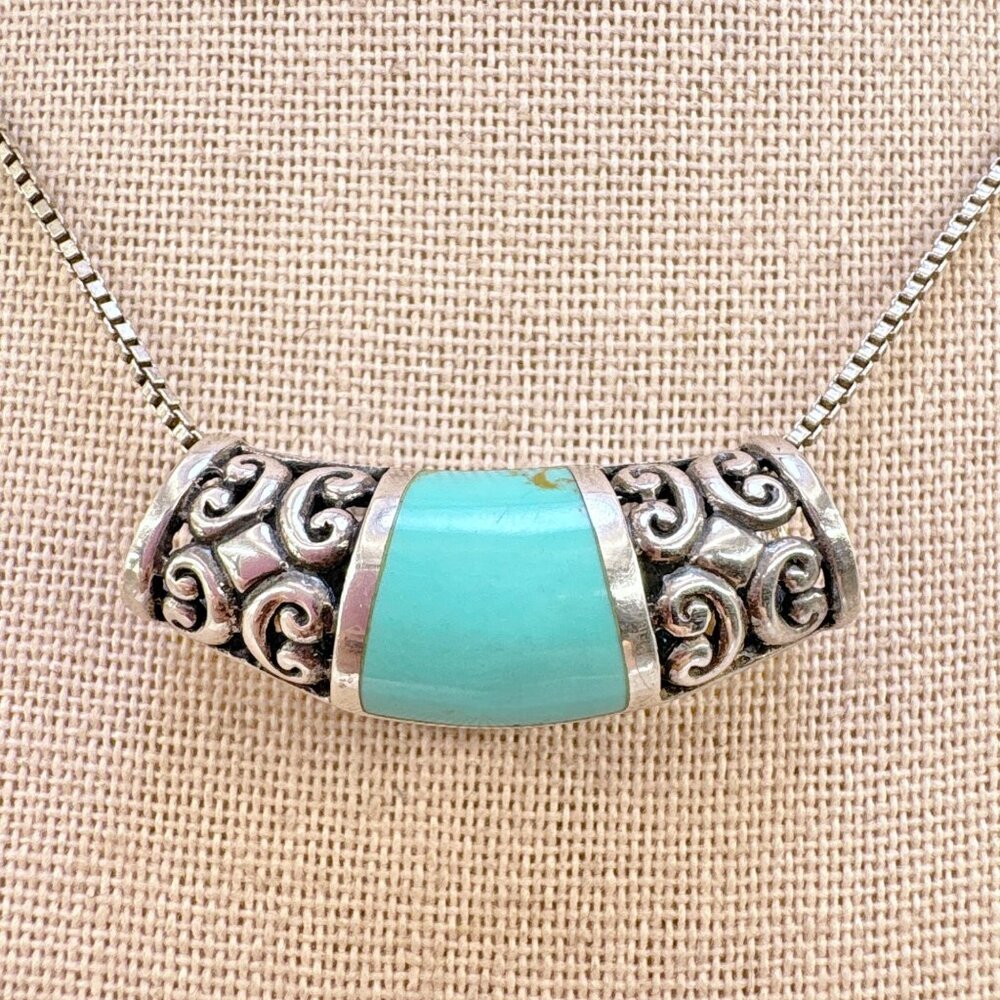 Turquoise Scroll Slide Pendant Necklace VTG Sterling Silver 925 Size 18" Length